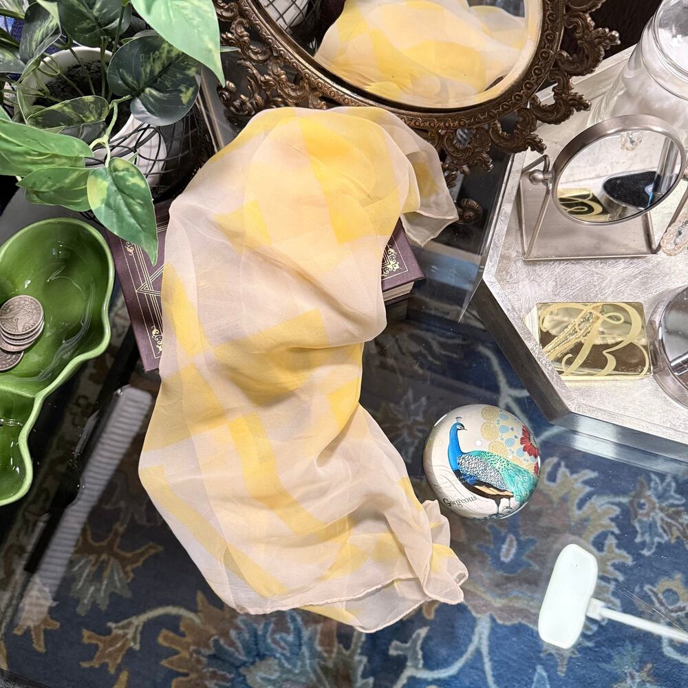 Vintage 70s Sheer Chiffon Scarf - 26” Square - Yellow & White Geometric Grid